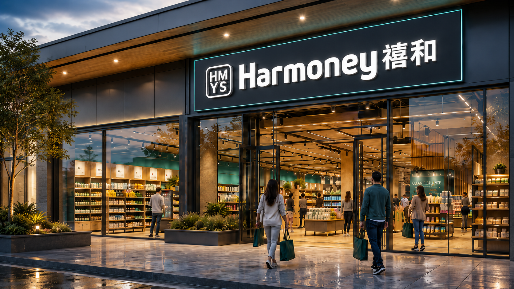 Harmoney storefront at dusk with illuminated HMYS Harmoney sign