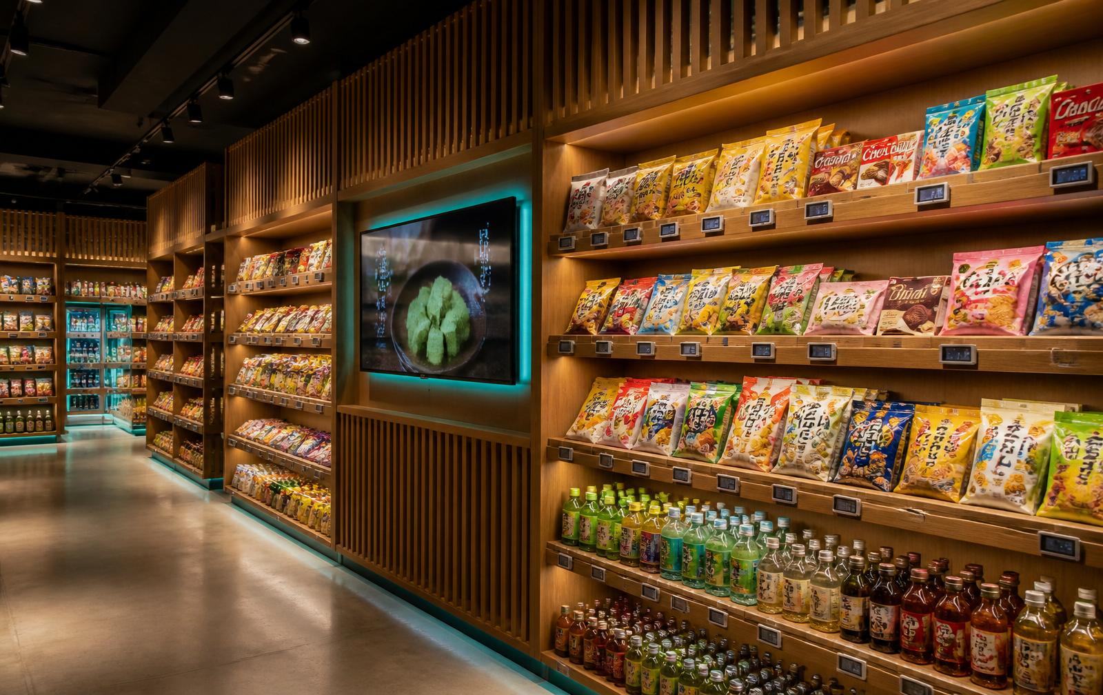 Warm oak snack wall with digital shelf labels